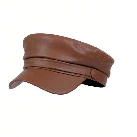 Vegan Leather Classic Beret Hat Brown - Picture 1 of 5